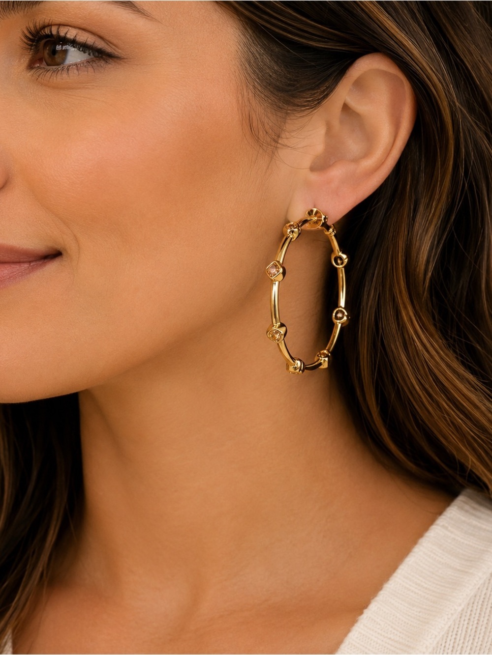 Coach Gold Tone Crystal Embellished Hoop Earrings Statement Jewelry #42